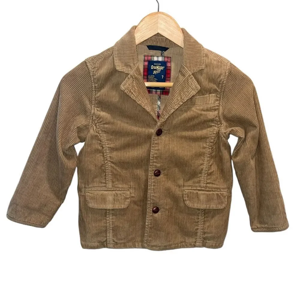 OshKosh B’gosh Boys Size 7 Tan Corduroy Blazer Plaid Lined Jacket